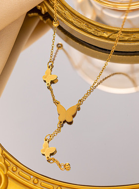 古法金蝴蝶流苏项链女法式温柔百搭冷淡风小众轻奢锁骨链不掉色饰