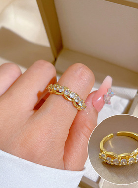 【真金电镀】开口满钻女时尚微镶轻奢指环食指戒网红同款冷淡风