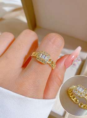 【真金电镀】开口方形女时尚微镶轻奢指环食指戒网红同款冷淡风