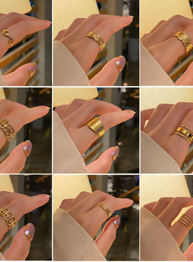 亚马逊wish爆款钛钢开口调节戒指ins冷淡复古18k金色闺蜜同款指环