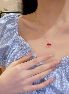 韩版红色樱桃项链ins小众设计颈链韩风高颜值闺蜜饰品毛衣项链女