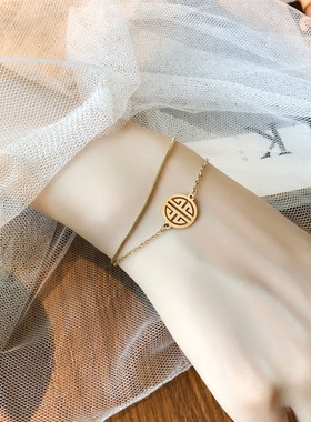简约时尚福字双层手链钛钢18k金色气质高级感福牌吊坠网红ins手饰