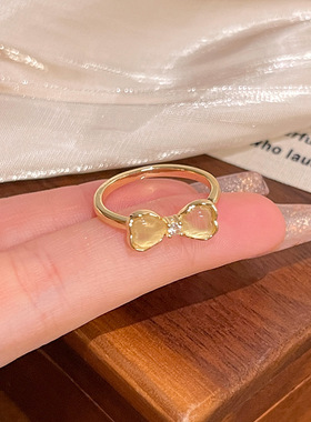 韩系爆款甜美猫眼石蝴蝶结戒指小众百搭高级感气质指环手饰品