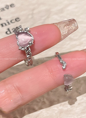 小众高级感猫眼石爱心戒指女开口可调节食指戒甜美气质手饰品