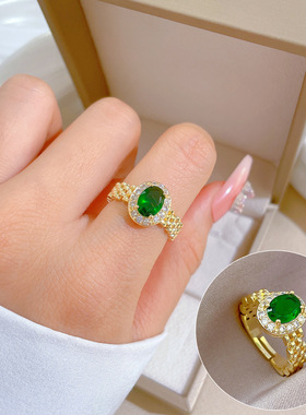 【真金】手表链绿宝石戒指开口可调节款简约手饰日系指环情侣对戒