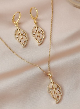 网红热卖猫眼石的树叶项链女耳环首饰套装轻奢小众高级感饰品