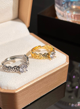 网红精致超闪锆石戒指女生轻奢高级感开口可调节指环简约真金电镀