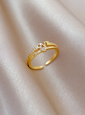 【真金】爱心LOVE锆石戒指开口可调节款简约手饰日系指环情侣对戒