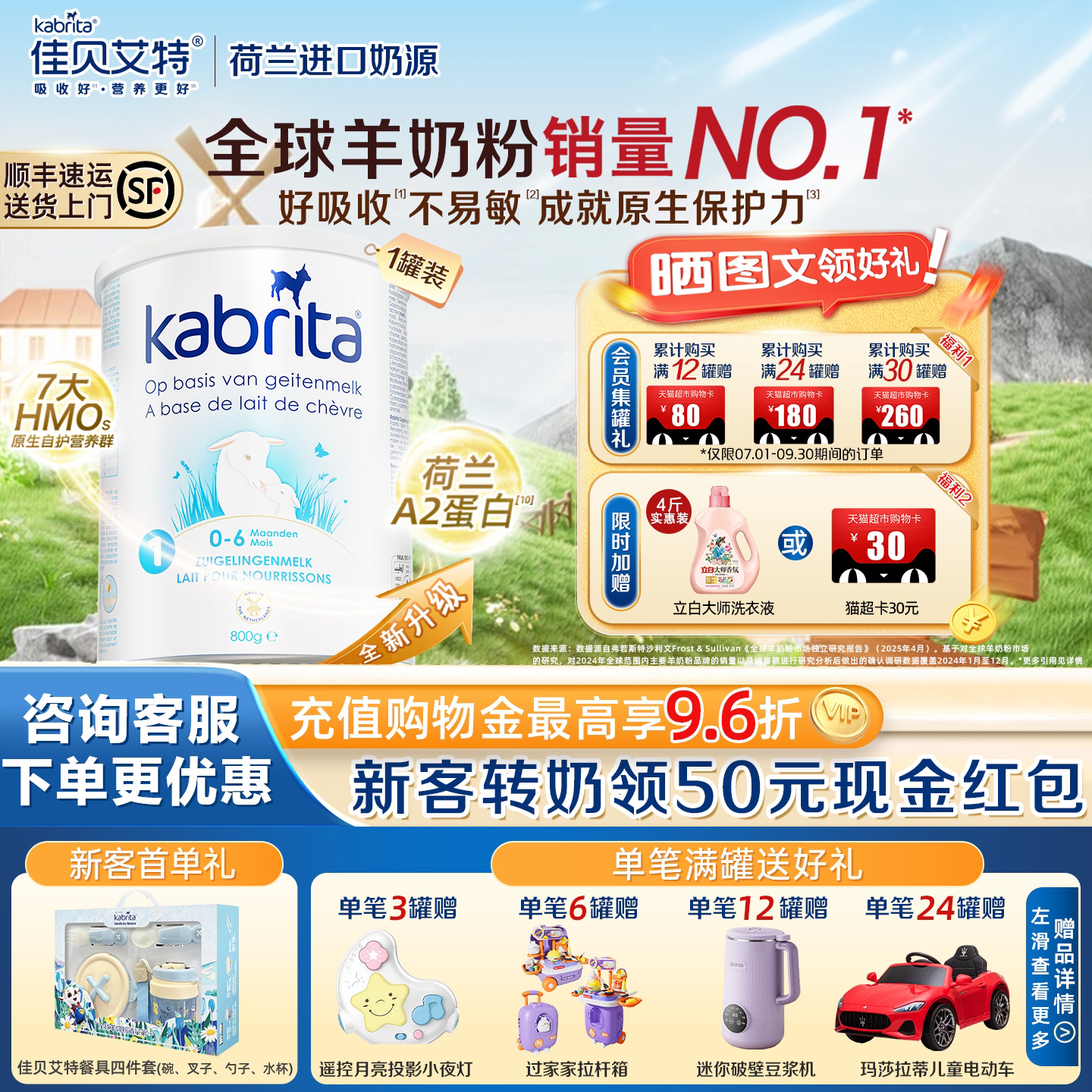 【官方】佳贝艾特荷兰版悦白金版幼儿一段A2羊奶粉HMO1段800g临期