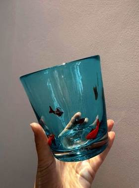 金鱼水杯玻璃杯大容量透明蓝色冷水杯果汁杯日式ins风咖啡饮料杯