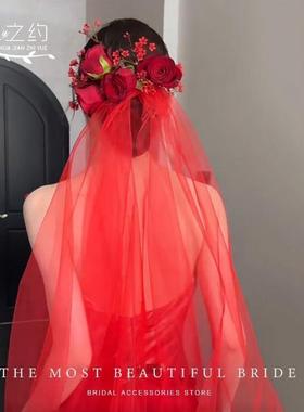 红色婚纱头纱单层素纱新娘头饰森系网红拍照道具复古结婚简约短款