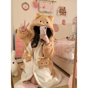 加绒加厚睡衣保暖卡通家居服 珊瑚绒2025新款 轻松熊睡袍女款 秋冬季