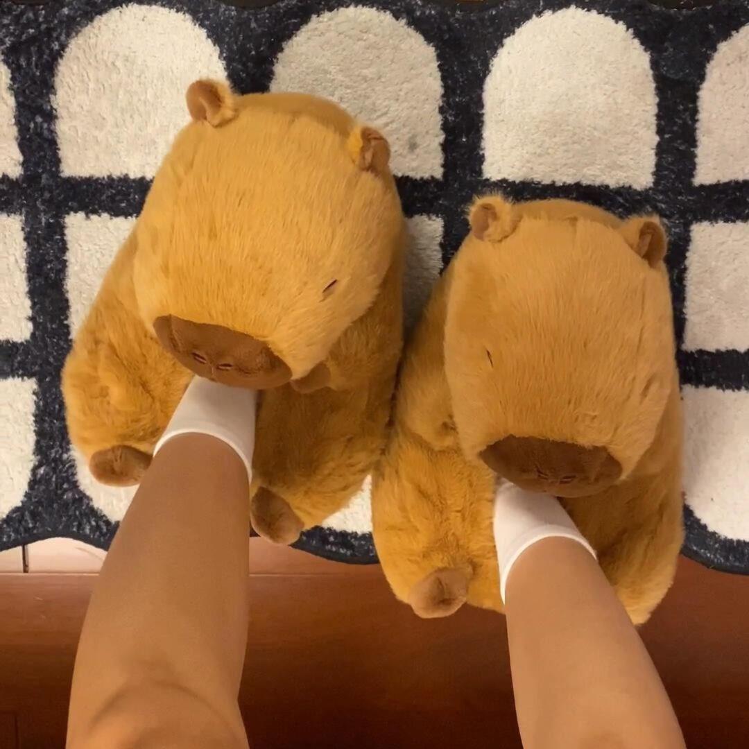 卡皮巴拉拖鞋A儿童女童棉包跟厚底可爱室内情侣搞怪冬天毛茸茸鞋.