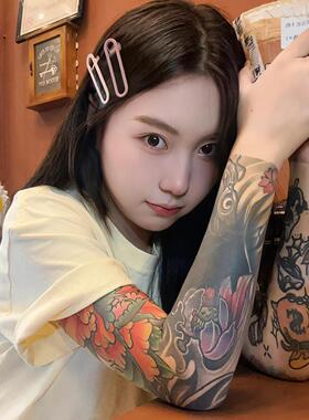 花臂冰袖超薄彷真纹身图案抗UV男女士冰丝防晒户外骑行袖套.