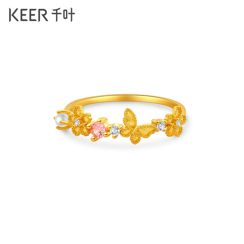 千叶珠宝 足金锆石莫桑钻淡水珍珠戒指 花盈蝶舞蝴蝶戒指计价