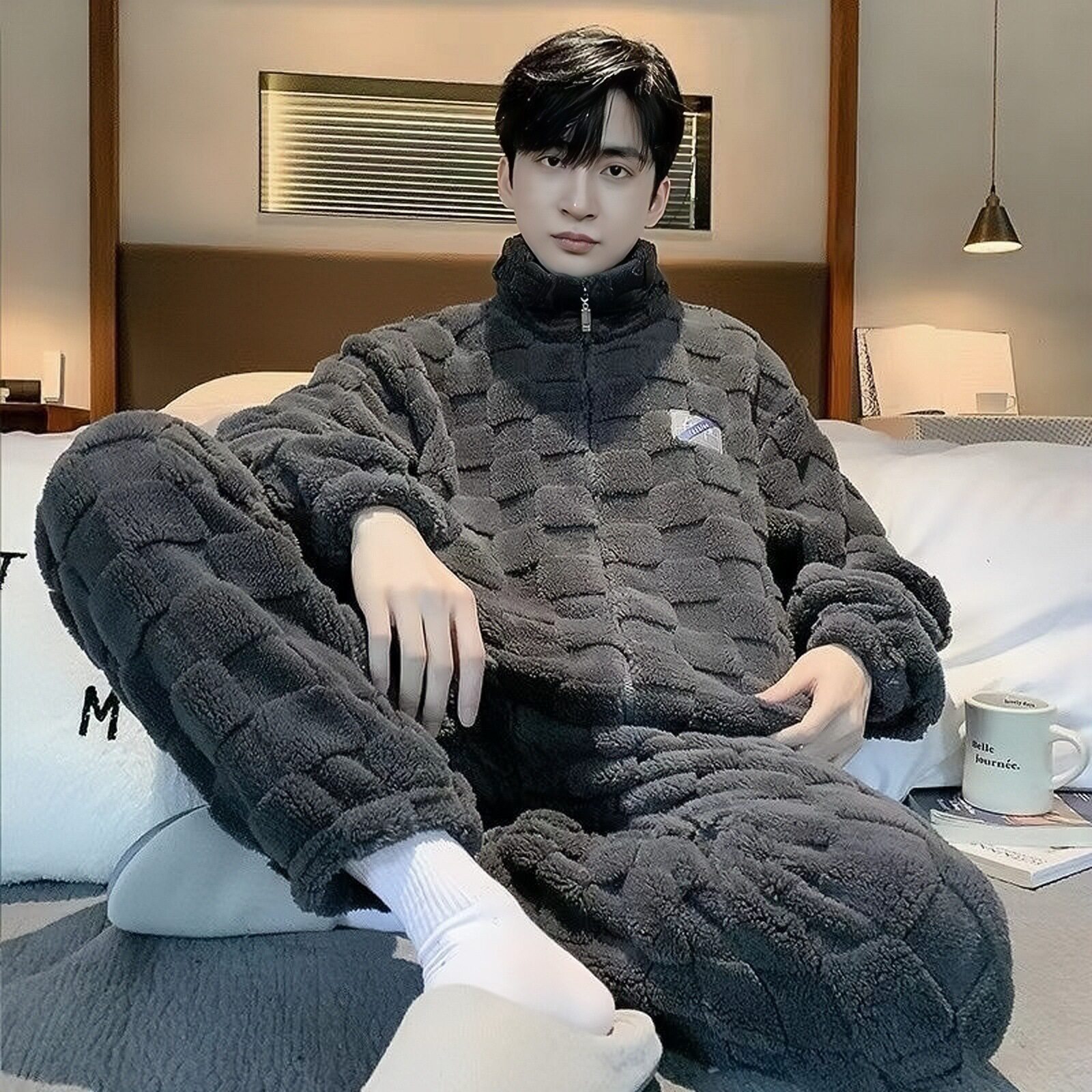 全棉纯棉时尚睡衣男加厚加绒珊瑚绒保暖法兰绒秋冬款男士青少年新