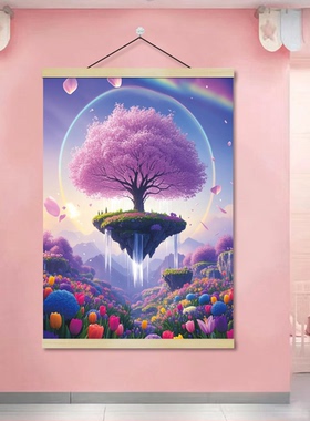 夏日浪漫紫色治愈系风景挂画挂图梦境中的花园客厅卧室过道卷轴画