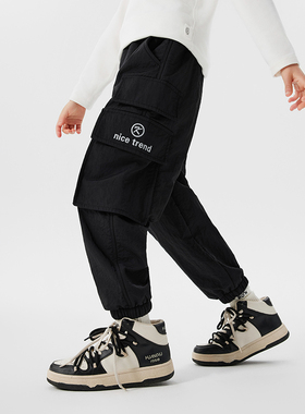 男童加绒工装裤一体绒黑色秋冬季2024新款裤子中大童儿童保暖洋气