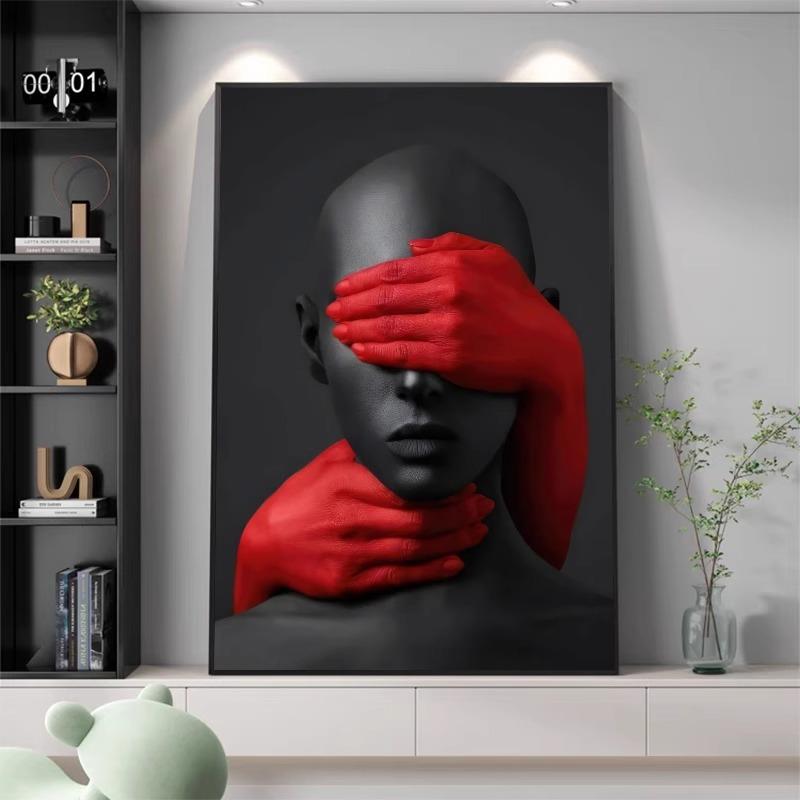 现代小众艺术挂画红色理髲美发店壁画高级美容酒吧抽象人物装饰画