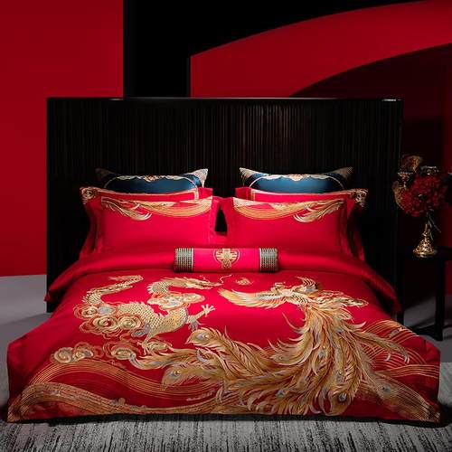 婚庆四件套140支全棉大红色龙凤刺绣喜被高档婚房陪嫁结婚十件套