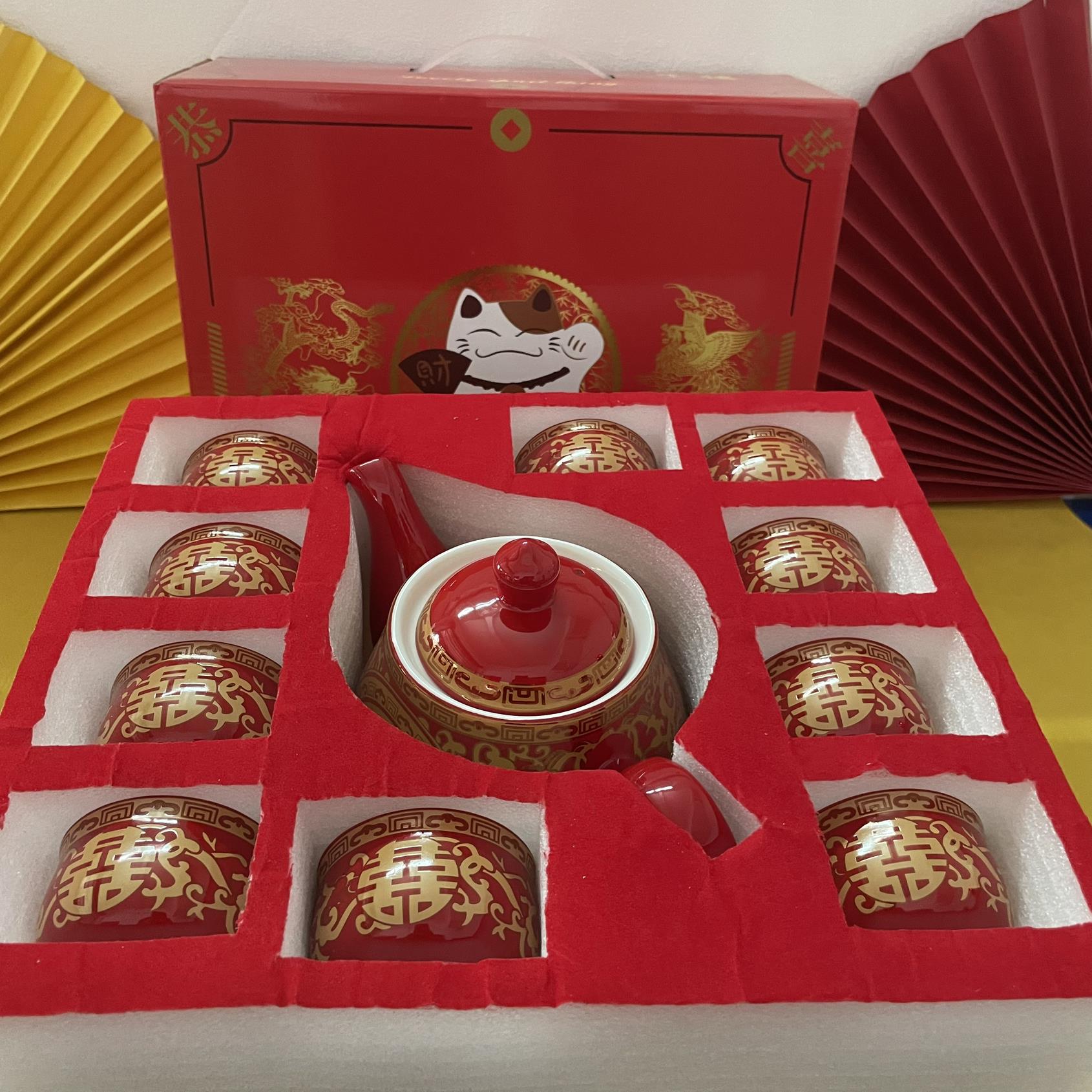 茶具套装家用结婚敬茶杯茶壶杯子套组陶瓷红礼盒2023新款陪嫁送礼