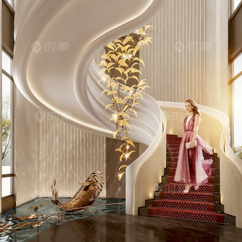 高档别墅旋转楼梯艺术树叶吊灯酒店大堂会所挑空复式楼创意灯定制
