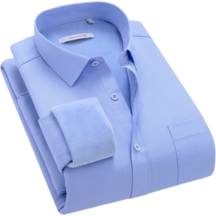 罗蒙加绒保暖衬衫男士长袖秋冬蓝色条纹休闲中年爸爸宽松加厚衬衣