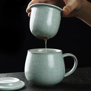 天青色汝窑茶杯陶瓷带盖子过滤茶水分离杯办公杯个人陶瓷水杯办公