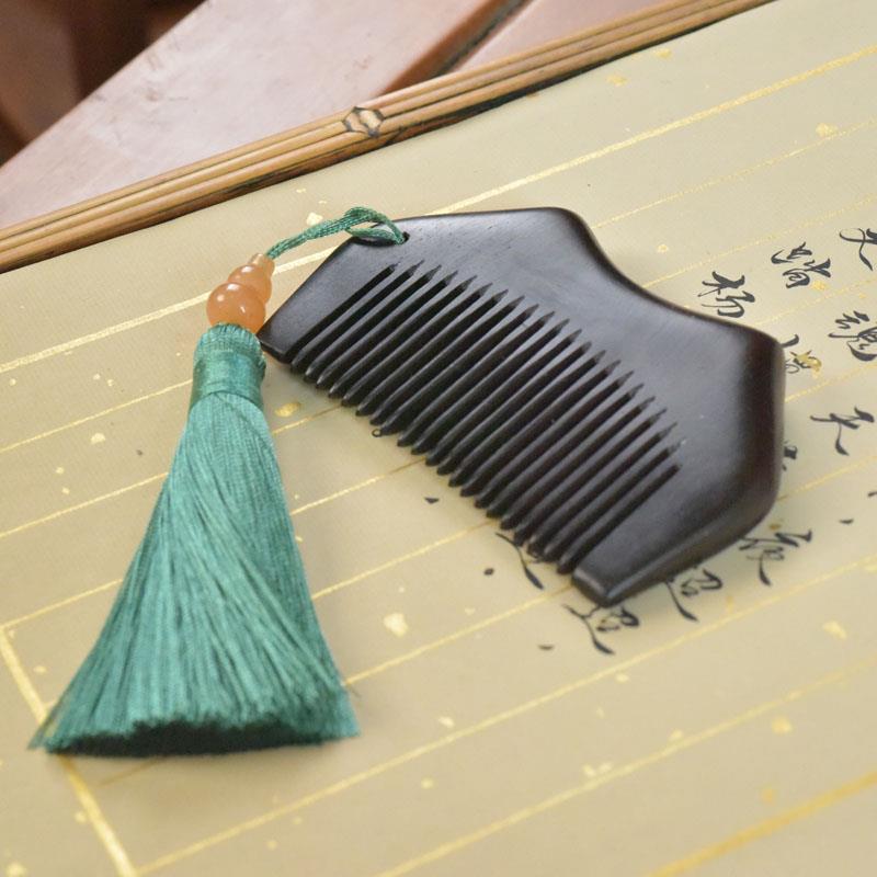 【闲岁】黑檀木梳子紫光檀猫咪便携随身小巧可爱迷你古风流苏刻字