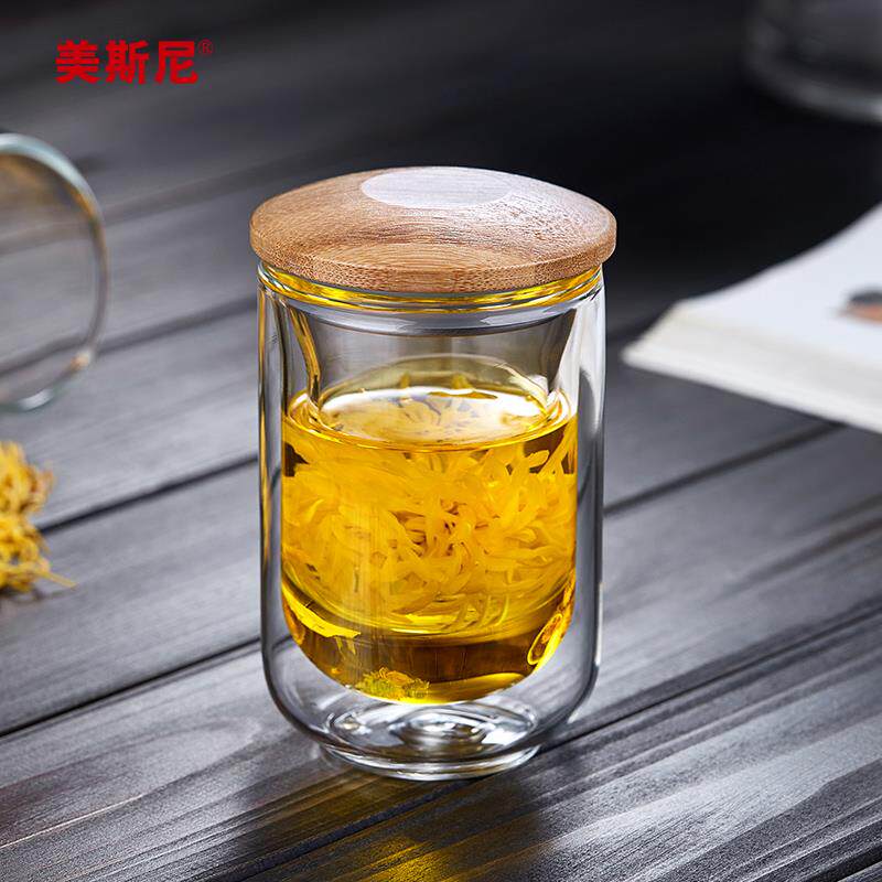 美斯尼玻璃茶杯双层隔热带过滤花茶杯带盖耐高温玻璃杯分离泡茶杯