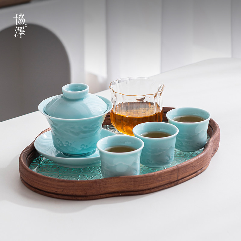 青瓷三才盖碗茶杯 单个高档不烫手 大号泡茶碗套装 家用茶具新款