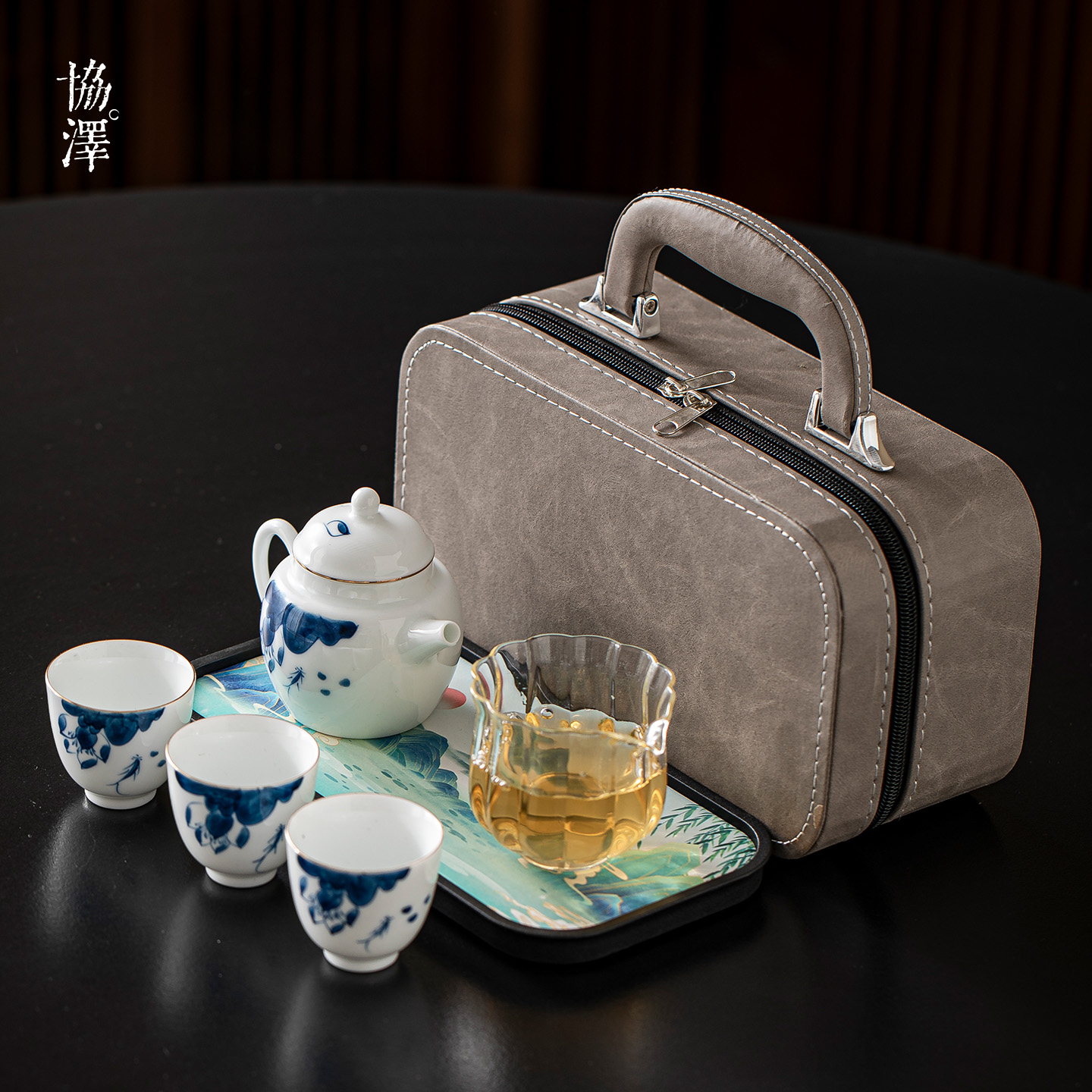 手绘荷花户外旅行茶具套装