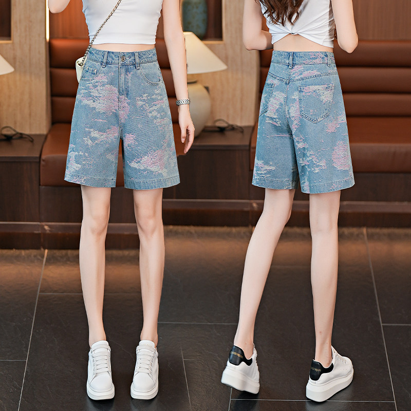 印花浅蓝色五分牛仔裤女夏季薄款高腰宽松直筒裤2026新款休闲短裤