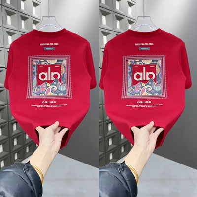 2026秋冬新款时尚彩印加厚圆领短袖T恤男士休闲宽松字母半袖上衣