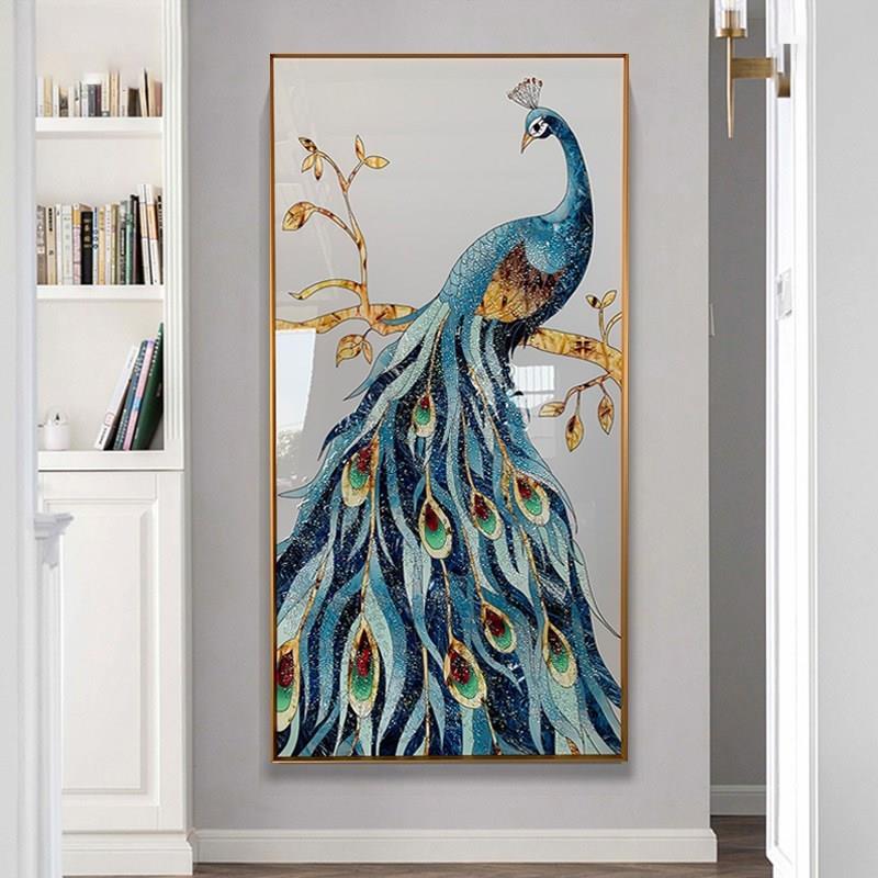 北欧轻奢入户玄关装饰画走廊过道壁画现代简约孔雀图案晶瓷画竖版图片
