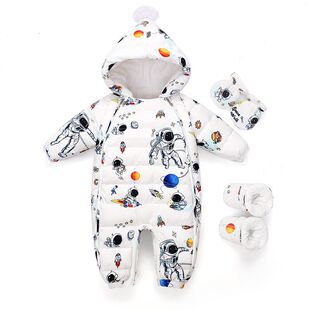 男婴儿羽绒服连体衣新生儿加厚外出抱衣男宝宝加绒卡通哈衣爬服冬