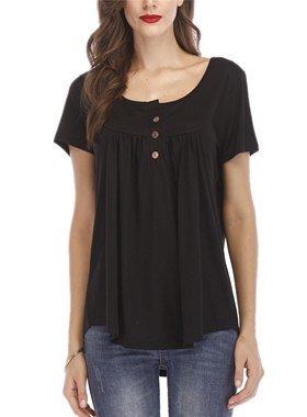 跨境欧美新款女装 2025亚马逊TEMU外贸抽褶扣子宽松短袖T恤上衣