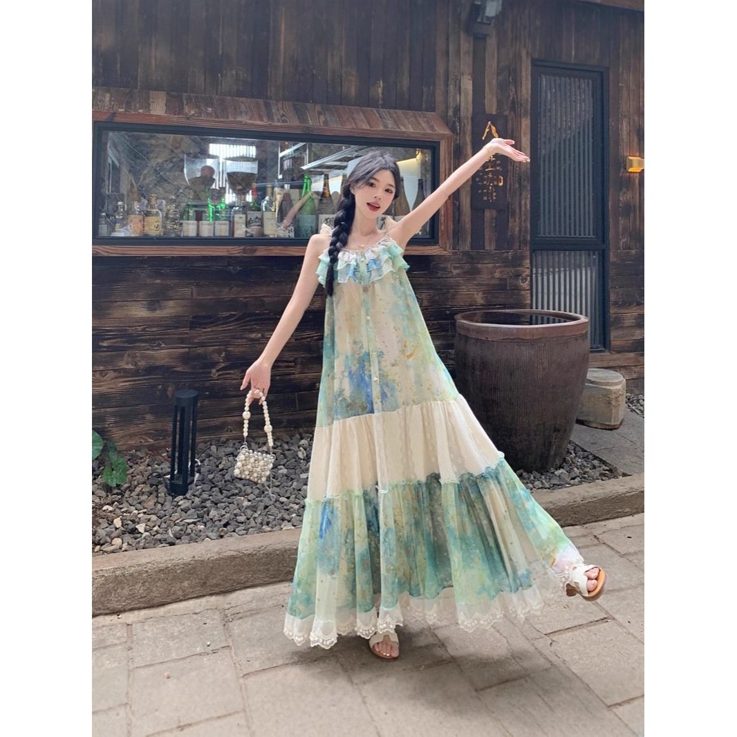 大码女装法式新款油画系带蝴蝶结贝壳设计感吊带长裙,女装/女士精品,汉服连衣裙,淘宝优惠券,粉丝福利购,淘宝优惠卷