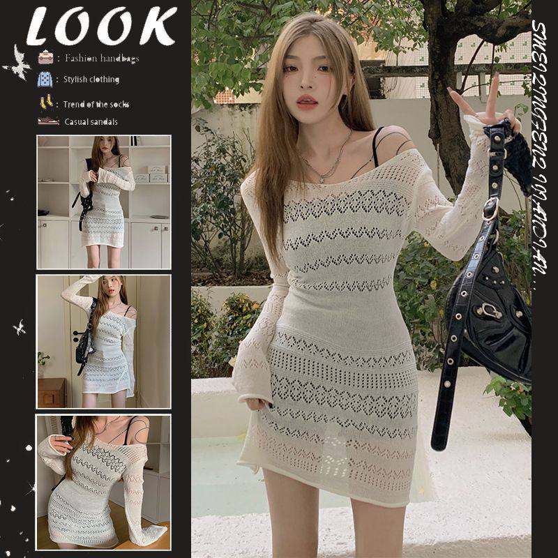 高级感镂空针织连衣裙春装女2023年新款纯欲风辣妹短裙设计感小众,女装/女士精品,大码套装,淘宝优惠券,粉丝福利购,淘宝优惠卷