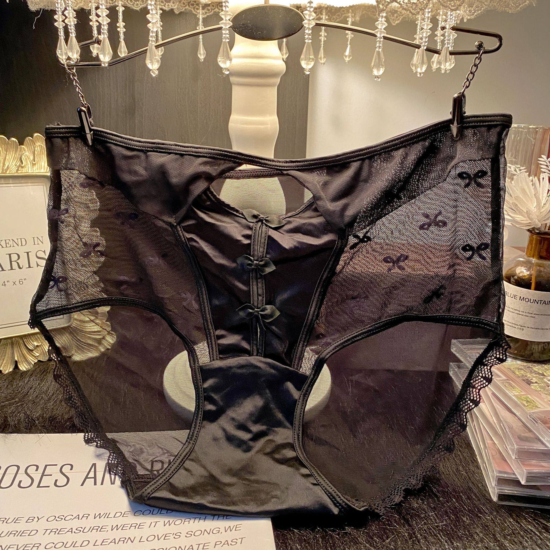 C-F6007大码蝴蝶结提花网纱中腰镂空纯欲三角裤超薄拼接蕾丝内裤,女士内衣/男士内衣/家居服,女三角裤,淘宝优惠券,粉丝福利购,淘宝优惠卷