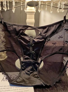 C-F6007大码蝴蝶结提花网纱中腰镂空纯欲三角裤超薄拼接蕾丝内裤