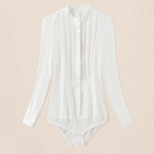 2025秋季新款时尚性感女连体衬衣立领镂空蕾丝OL打底职业连裆衬衫