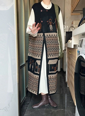 中长款复古提花针织马甲背心连衣裙女春季设计感宽松无袖毛衣开衫