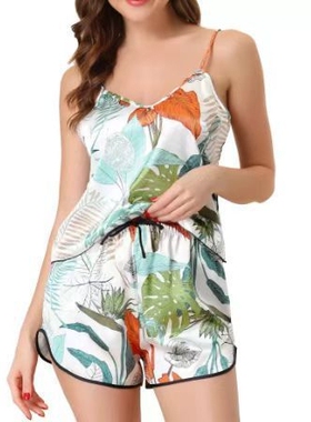欧美跨境亚马逊夏季印花吊带短裤睡裙家居服套装睡衣仿真丝无袖