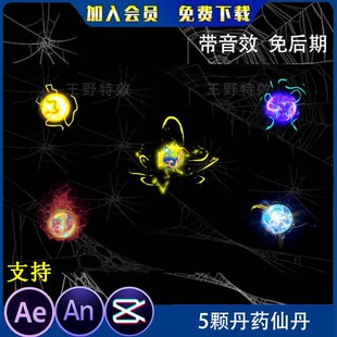 5颗丹药仙丹神丹AE特效 沙雕动画玄幻修仙道具an特效素材炼丹物品