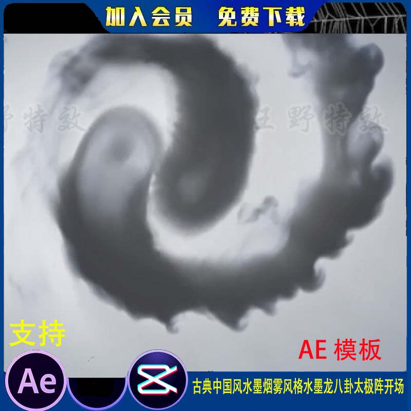 古典中国风水墨烟雾风格水墨龙八卦太极阵开场AE模板动画特效素材