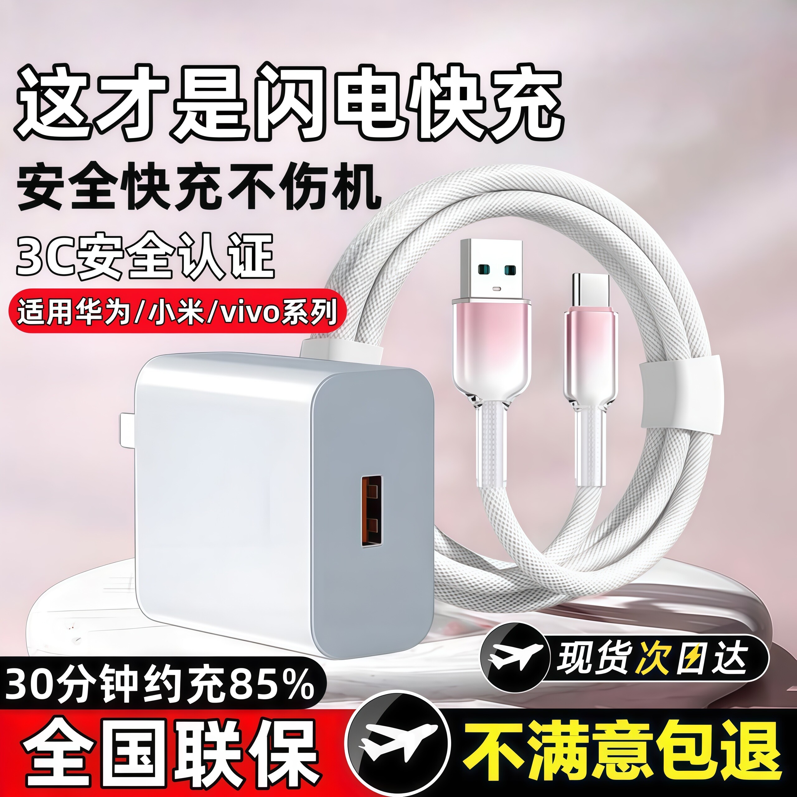 安诗登渐变编织手机充电器适用华为/荣耀/小米/OPPO/vivo系列闪电快充Type-C透明编织数据线充电头快充套装