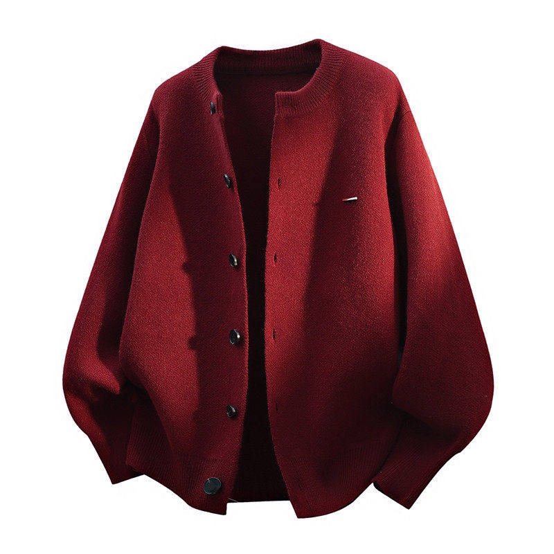 红色针织开衫外套男2025年秋冬纯色简约时尚圆领毛衣高级感上衣服