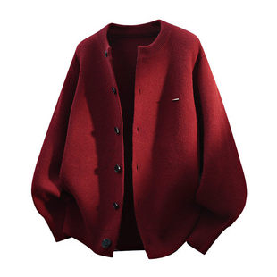 红色针织开衫外套男2025年秋冬纯色简约时尚圆领毛衣高级感上衣服
