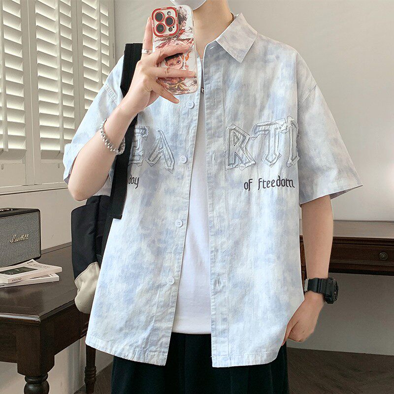 渐变短袖衬衫男士帅气刺绣2026新款青少年学生夏季纯棉牛仔衬衣服